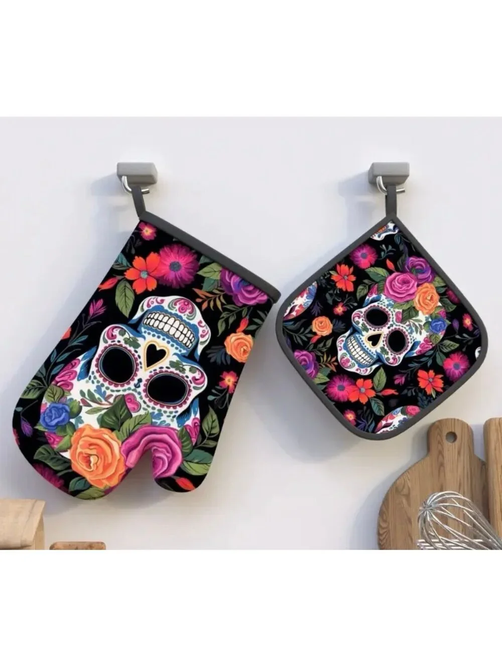New - 2pcs Floral Skull - Oven Mitts and Pot Holders Set